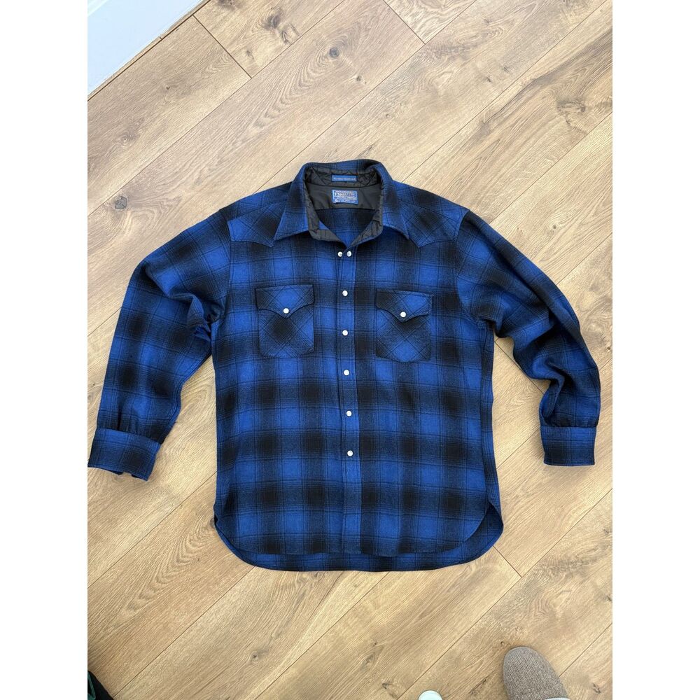PENDLETON XL mens vintage VTG blue virgin wool button front shirt pearl snap USA - Picture 3 of 10